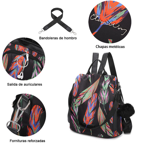 Mochila Antirroubo Impermeável para Mulher (14.80L) | Mochila Conversível em mala de ombro com pompom e alça removível de adorno Penas