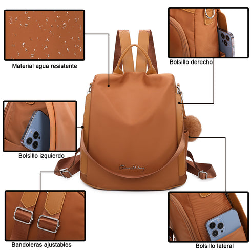 Mochila Antirroubo Impermeável para Mulher (14,80L) | Mochila Conversível em mala de ombro com pompom e alça removível de adorno Castanho