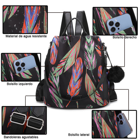 Mochila Antirroubo Impermeável para Mulher (14.80L) | Mochila Conversível em mala de ombro com pompom e alça removível de adorno Penas