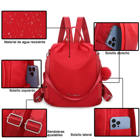 Mochila Antirroubo Impermeável para Mulher (14.80L) | Mochila Conversível em Mala de Ombro com Pompom e Alça Removível de Adorno Vermelho