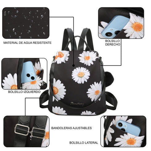 Mochila Antirroubo Impermeável para mulher (14.80L) | Mochila Convertível em mala com pompom e pega decorativa removível Margaridas