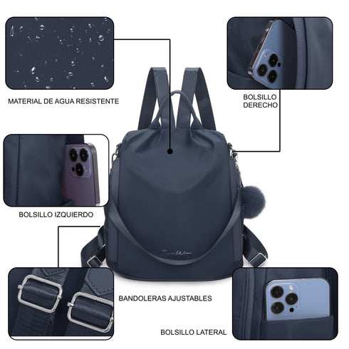 Mochila Antirroubo Impermeável para mulher (14.80L) | Mochila Conversível em mala de mão com pompão e alça removível de adorno Azul Marinho