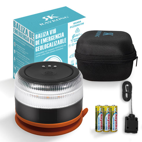 RAYKONG Baliza V16 Geolocalización DGT 3.0 pack con accesorios | 2ª Generacion con indicadores LED | Luz Emergencia Coche - Moto Homologado por DGT | SIM y Datos Pagados hasta 2038 - Full Pack