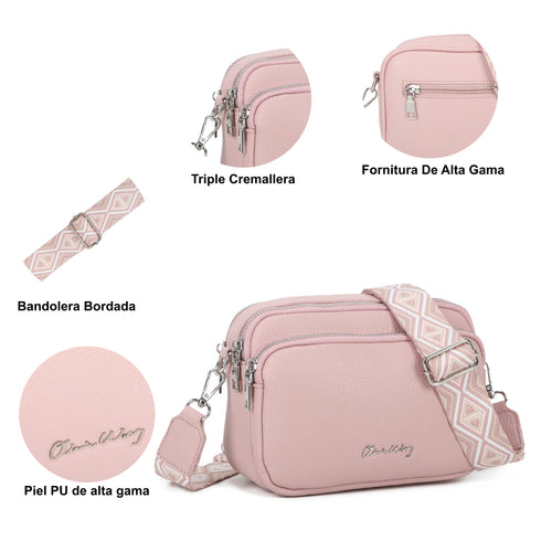 Mala de ombro pequena para mulher em couro PU com três compartimentos e duas alças, mala de mensageiro em polipele, presente original para mulher - Rosa