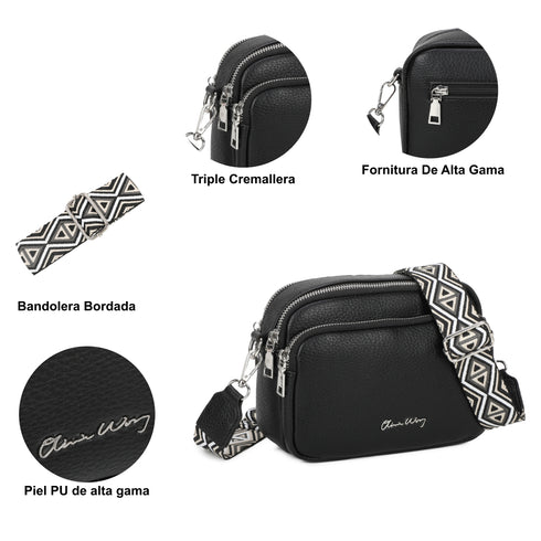 Bolsa de ombro pequena para mulher em pele PU com três compartimentos e duas alças, bolsa a tiracolo em imitação de pele, presente original para mulher - Preto