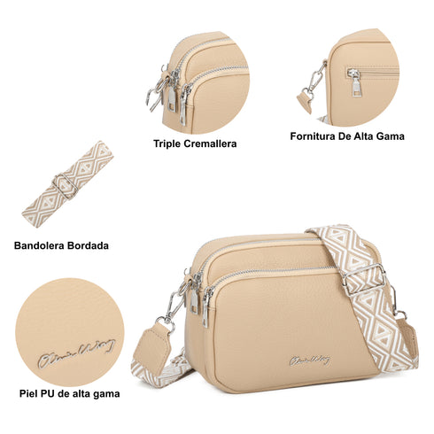Bolsa de ombro pequena para mulher em pele PU, três compartimentos e duas alças, bolsa a tiracolo em pele sintética, presente original para mulher - Taupe