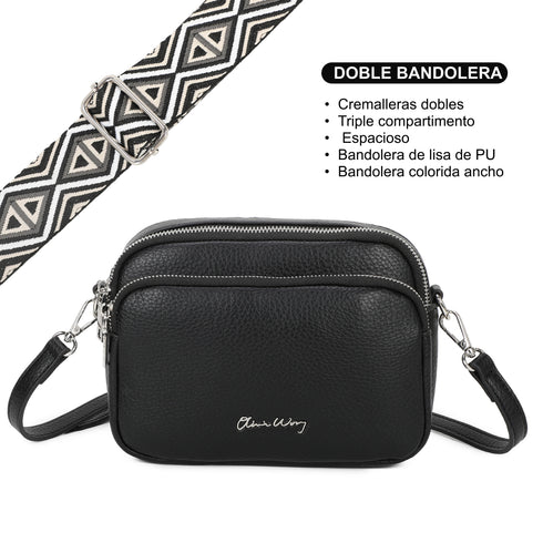 Bolsa de ombro pequena para mulher em pele PU com três compartimentos e duas alças, bolsa a tiracolo em imitação de pele, presente original para mulher - Preto