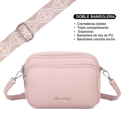 Mala de ombro pequena para mulher em couro PU com três compartimentos e duas alças, mala de mensageiro em polipele, presente original para mulher - Rosa