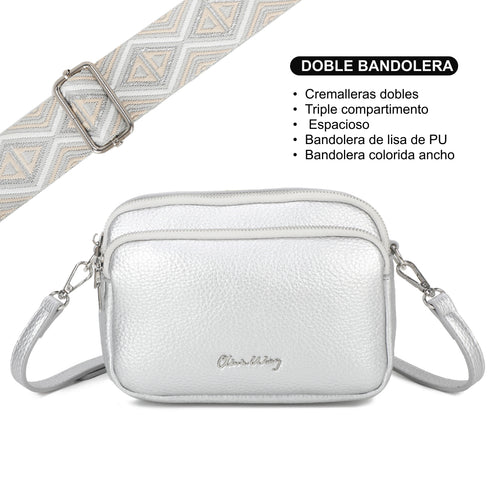 Bolso bandolera mujer pequeño de cuero PU tres compartimentos y dos bandoleras, bolso mensajero para cruzar polipiel regalo original para mujer - Plata