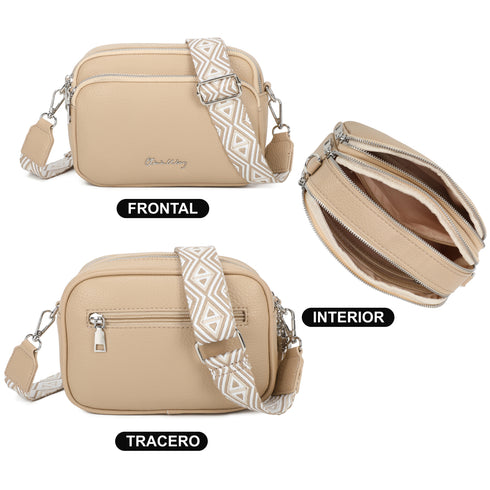 Bolsa de ombro pequena para mulher em pele PU, três compartimentos e duas alças, bolsa a tiracolo em pele sintética, presente original para mulher - Taupe