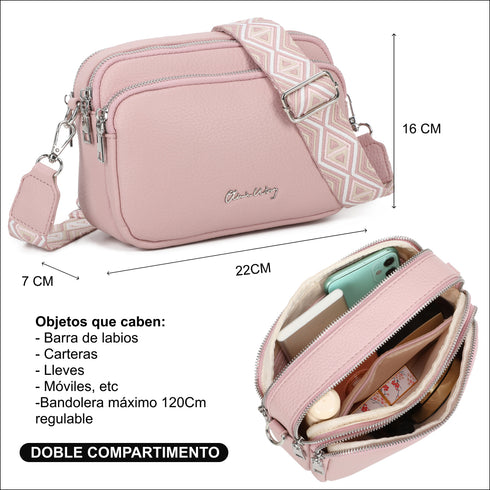 Mala de ombro pequena para mulher em couro PU com três compartimentos e duas alças, mala de mensageiro em polipele, presente original para mulher - Rosa