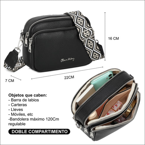 Bolsa de ombro pequena para mulher em pele PU com três compartimentos e duas alças, bolsa a tiracolo em imitação de pele, presente original para mulher - Preto