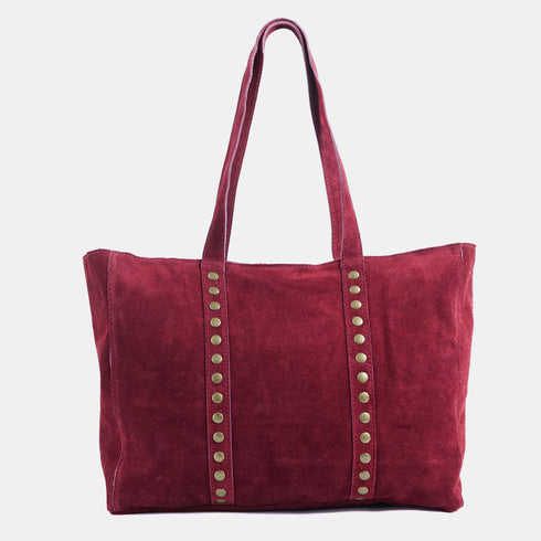 Mala shopper de senhora em pele personalizável com tachas bordeaux Alexandra