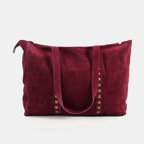Mala shopper de senhora em pele personalizável com tachas bordeaux Alexandra