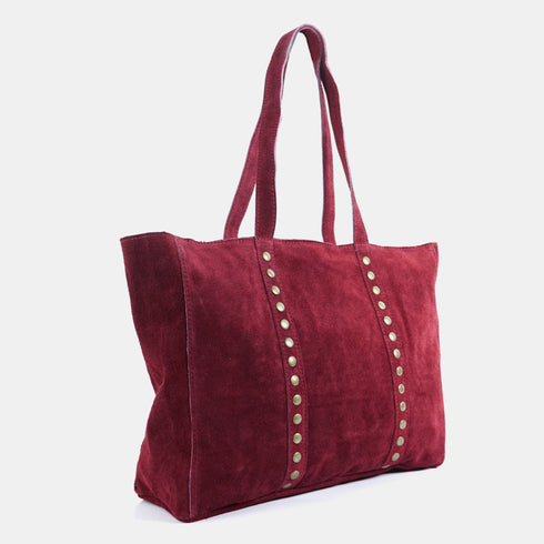 Mala shopper de senhora em pele personalizável com tachas bordeaux Alexandra