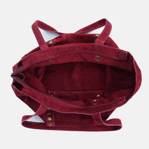Mala shopper de senhora em pele personalizável com tachas bordeaux Alexandra
