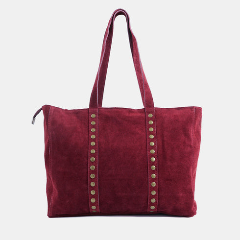Mala shopper de senhora em pele personalizável com tachas bordeaux Alexandra