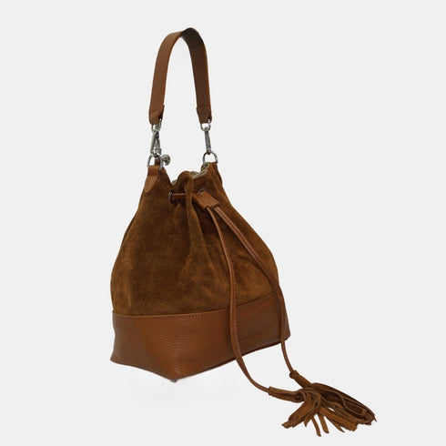 Mala de tiracolo de senhora em pele camurça - bolsa saco Giulia (castanho)
