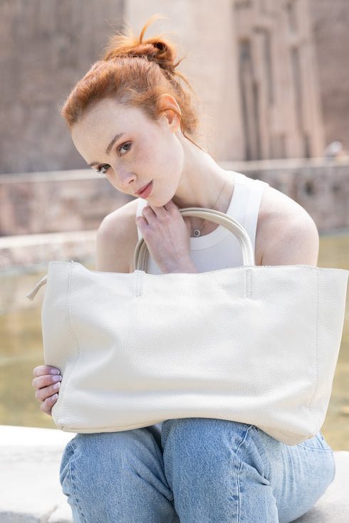 Mala shopper de pele bege para senhora, personalizável, modelo Luna