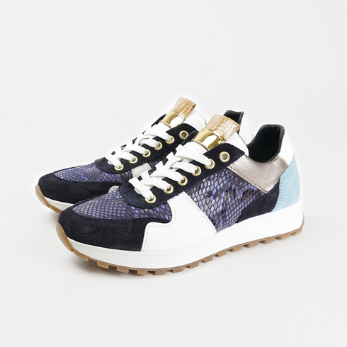 Sapatilhas desportivas de mulher em pele com estampado animal azul Evelyn