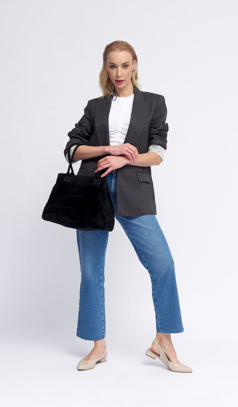 Mala shopper em pele de camurça extensível e personalizável preta Aurora