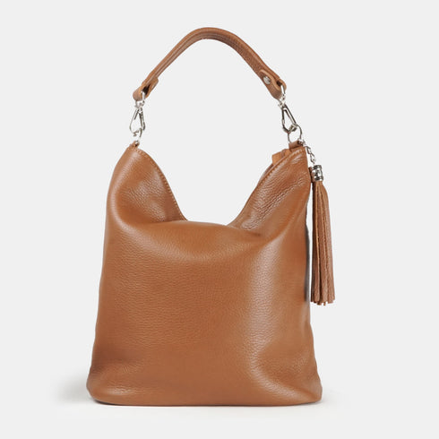 Mala hobo em pele com pompom castanho Rebeca
