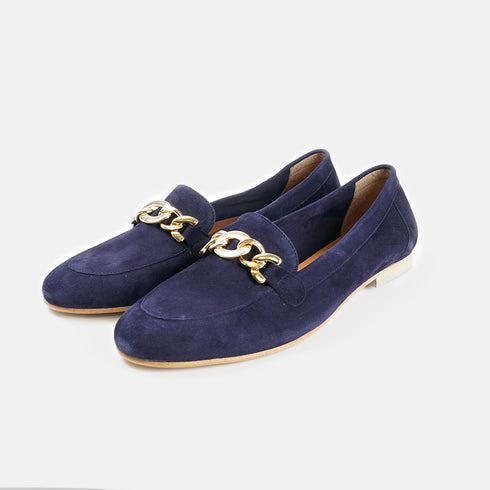 Mocassins de senhora em camurça com corrente azul Alida