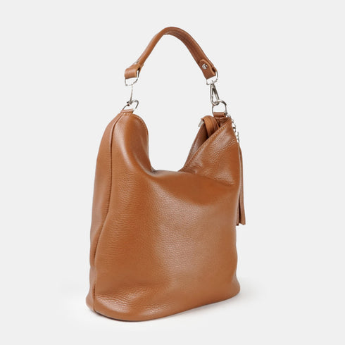 Mala hobo em pele com pompom castanho Rebeca
