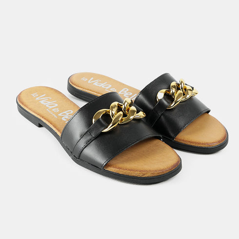 Sandalias de mujer de piel con adorno negro Charo