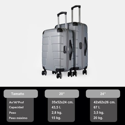 Mala de cabine S-15kg-55cm / M-20kg-62cm em ABS Empire Prateado