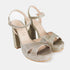 Zapatos de fiesta con tacón de doce centímetros para mujer de color dorado. Vista frontal superior.