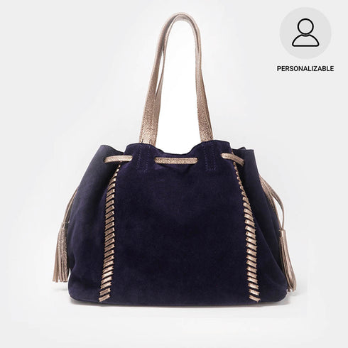 Mala de pele em camurça para mulher estilo shopper azul-marinho Agatha